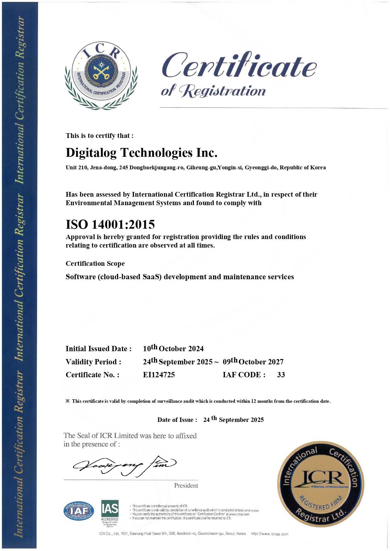 Digitalog ISO 14001 certificate
