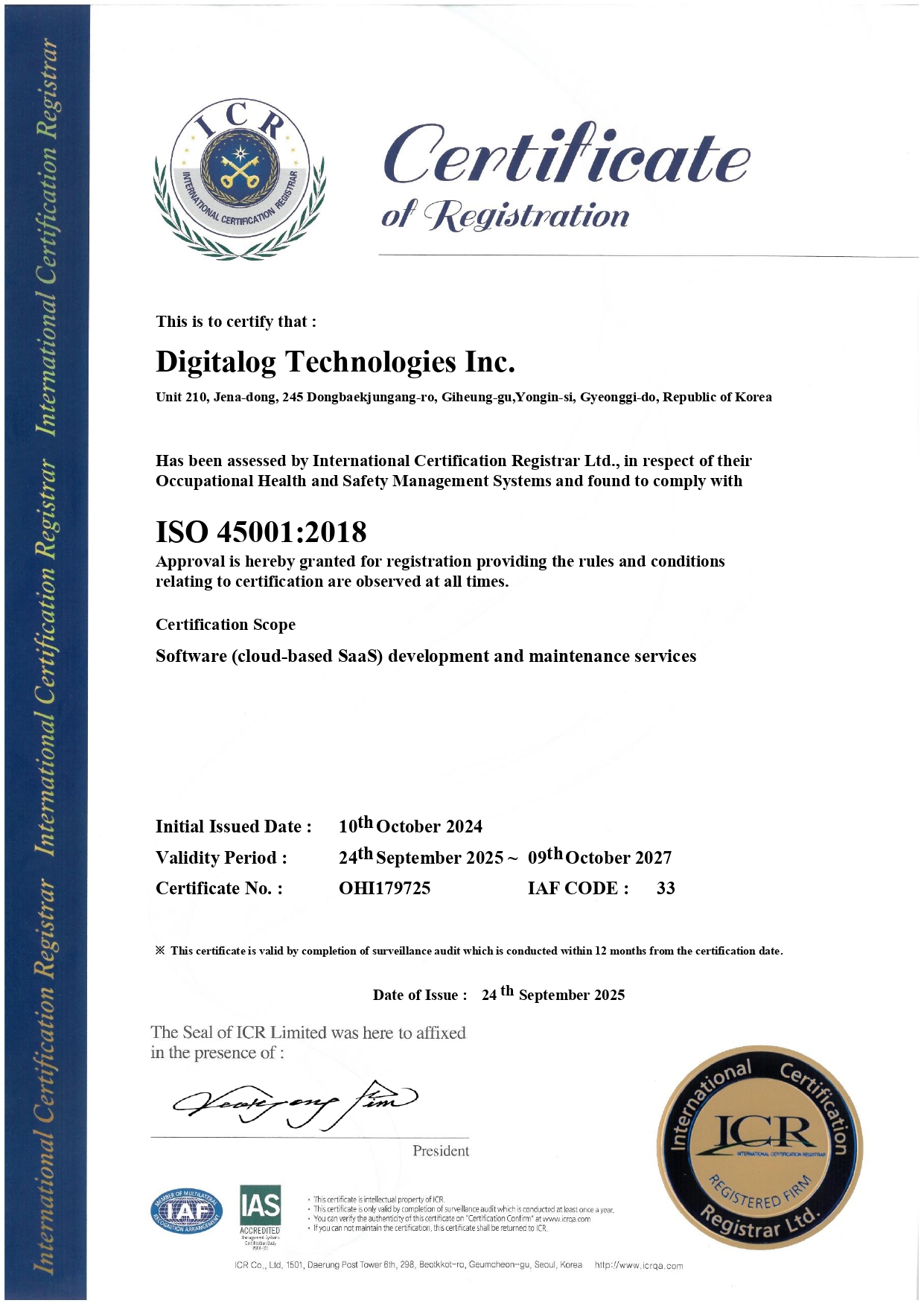 Digitalog ISO 45001 certificate