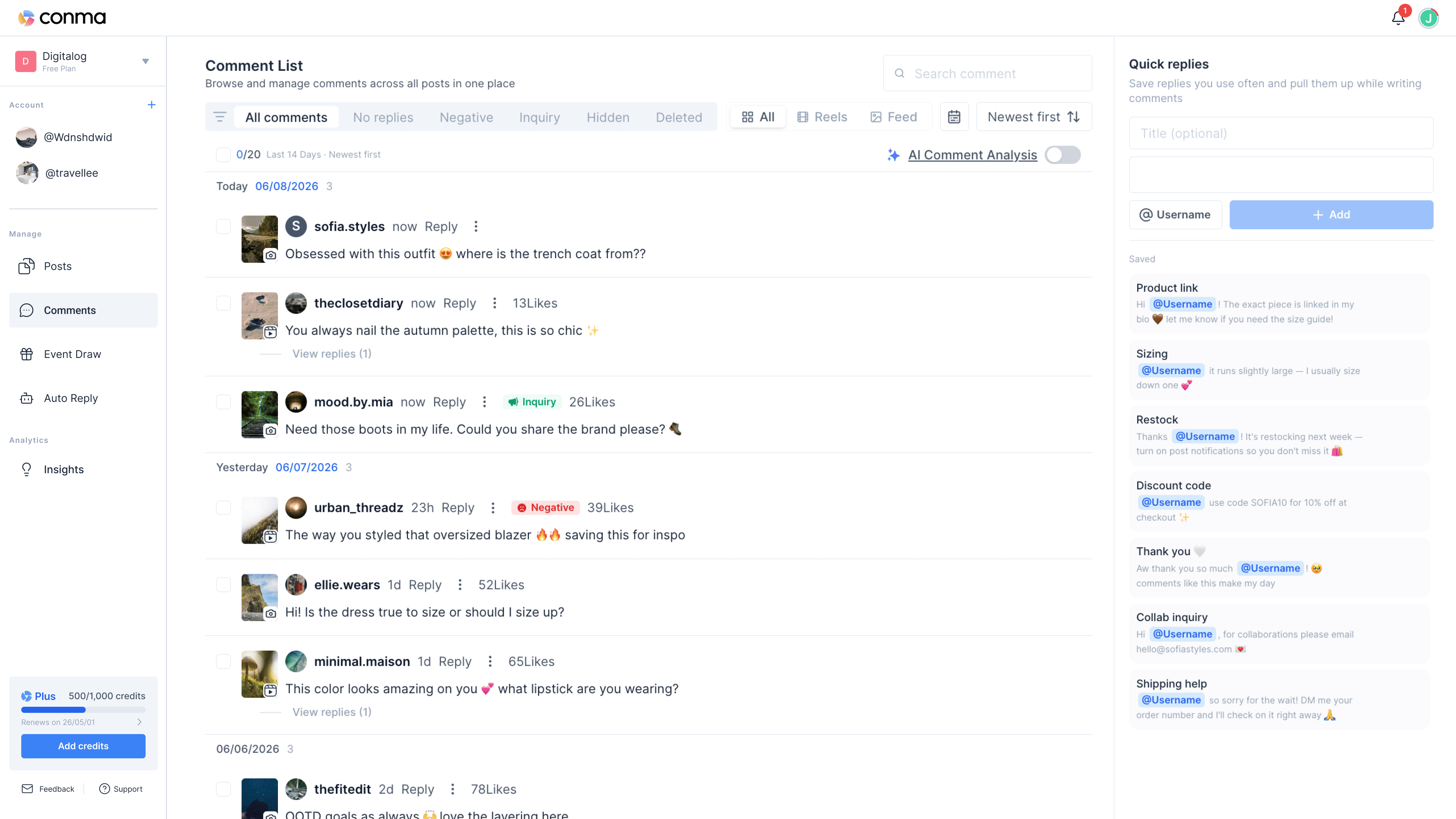 Conma — comment & DM management dashboard